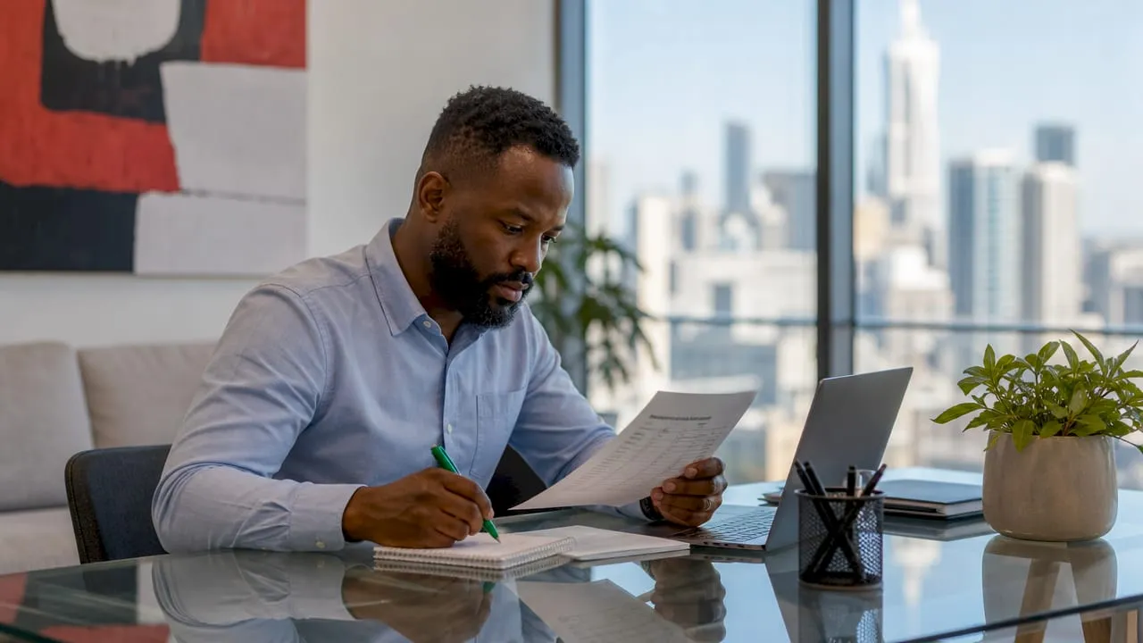 Transport manager reviewing skills checklist at desk