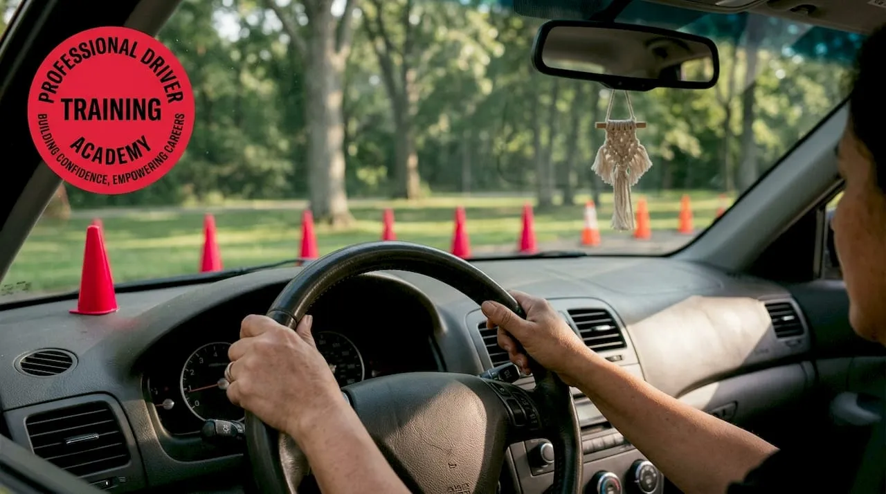 Hands on steering wheel practicing vehicle manoeuvre outdoors