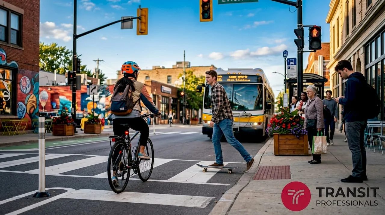 Multi-modal urban street including cyclists and pedestrians