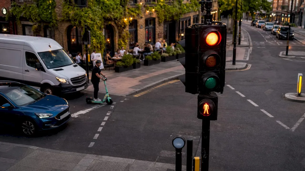 Urban intersection with operational traffic signals