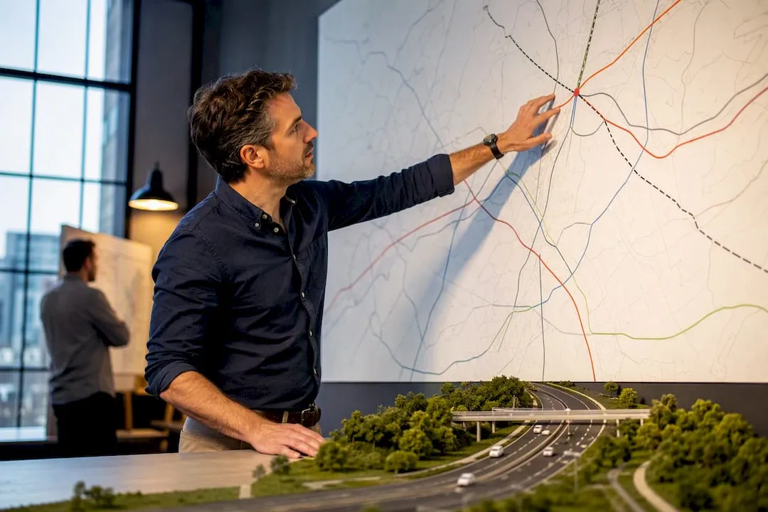 Transport planner reviewing UK infrastructure routes