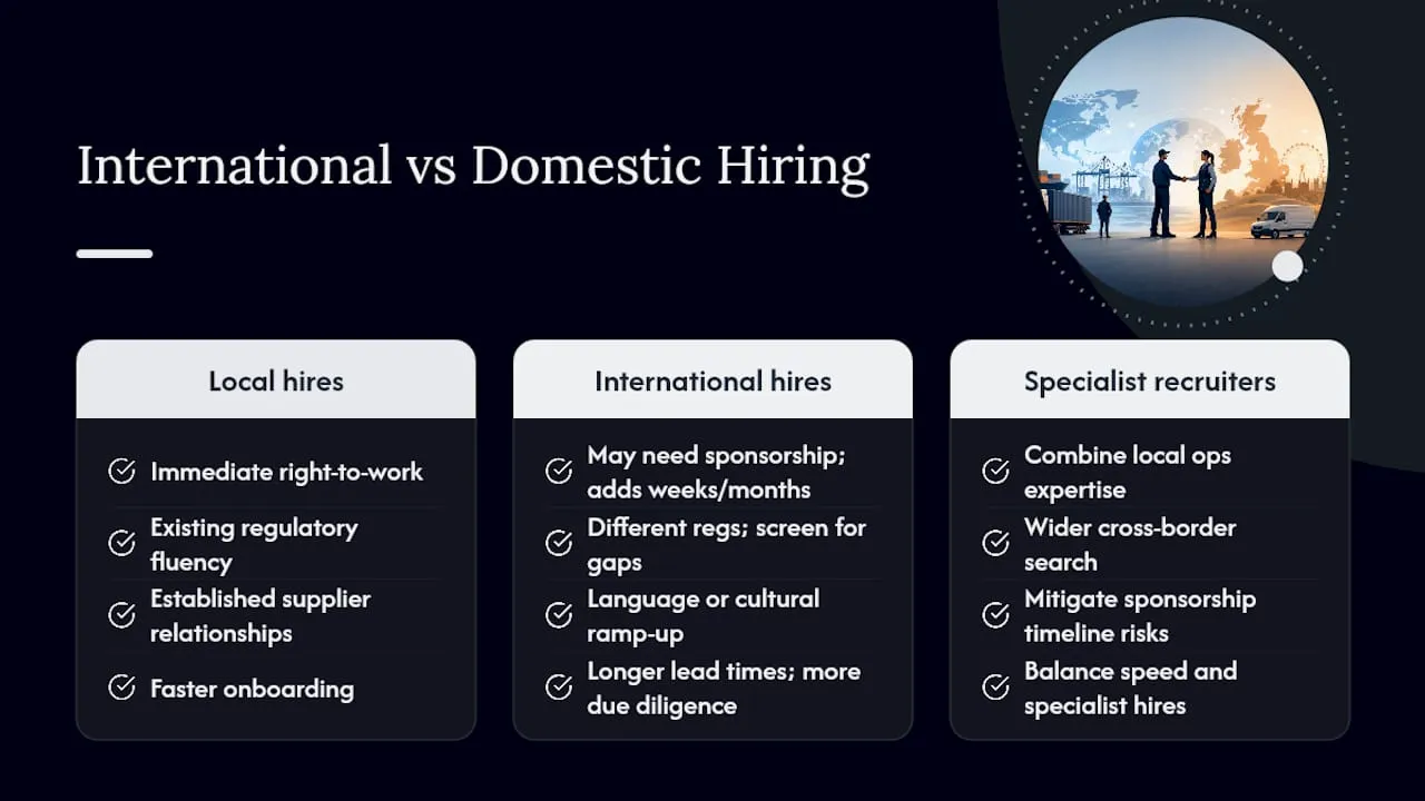 How does international hiring differ from domestic transport recruitment? — overview diagram