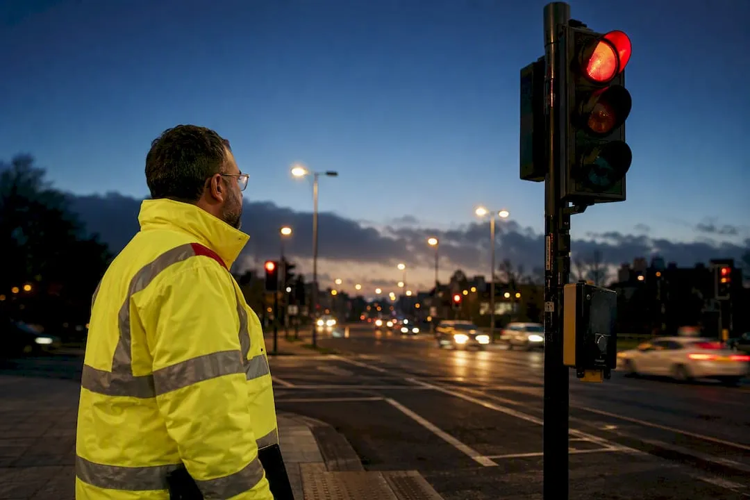 Traffic engineer inspecting an urban signal junction