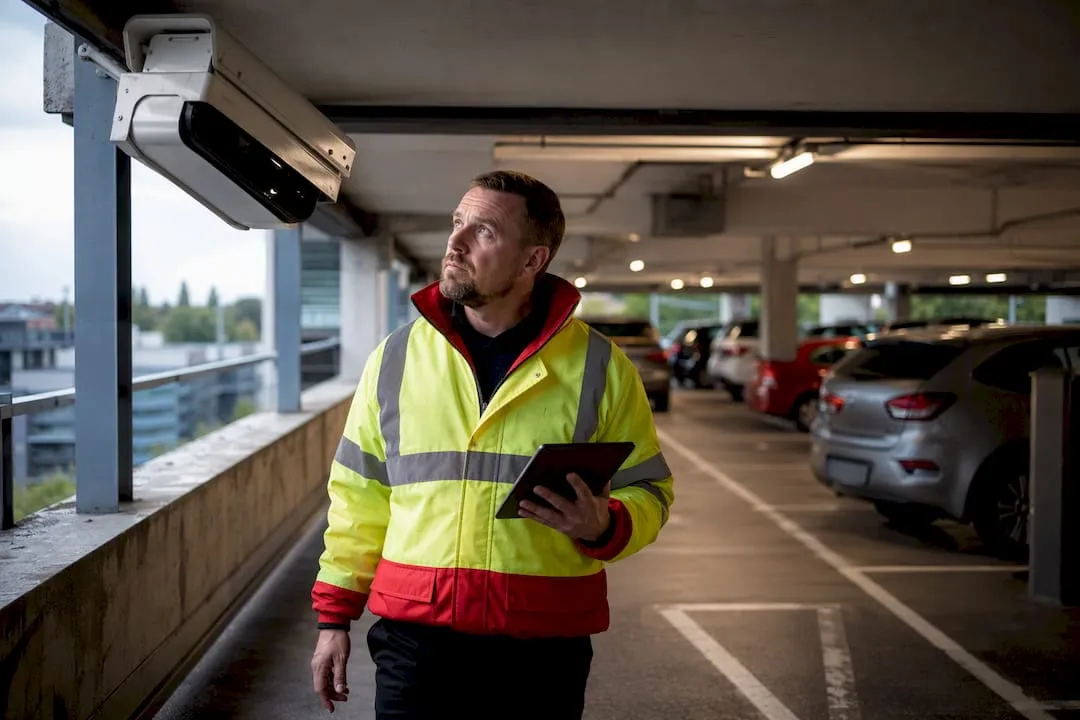 Parking manager inspecting ANPR camera