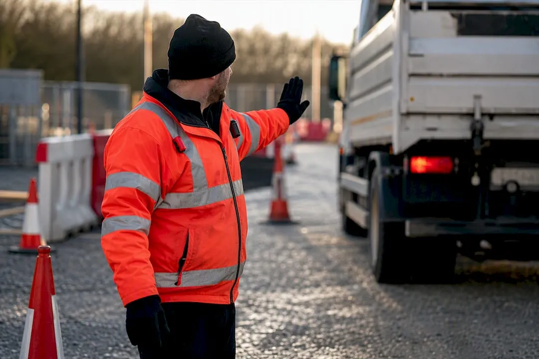 Traffic marshal directing vehicles at UK site