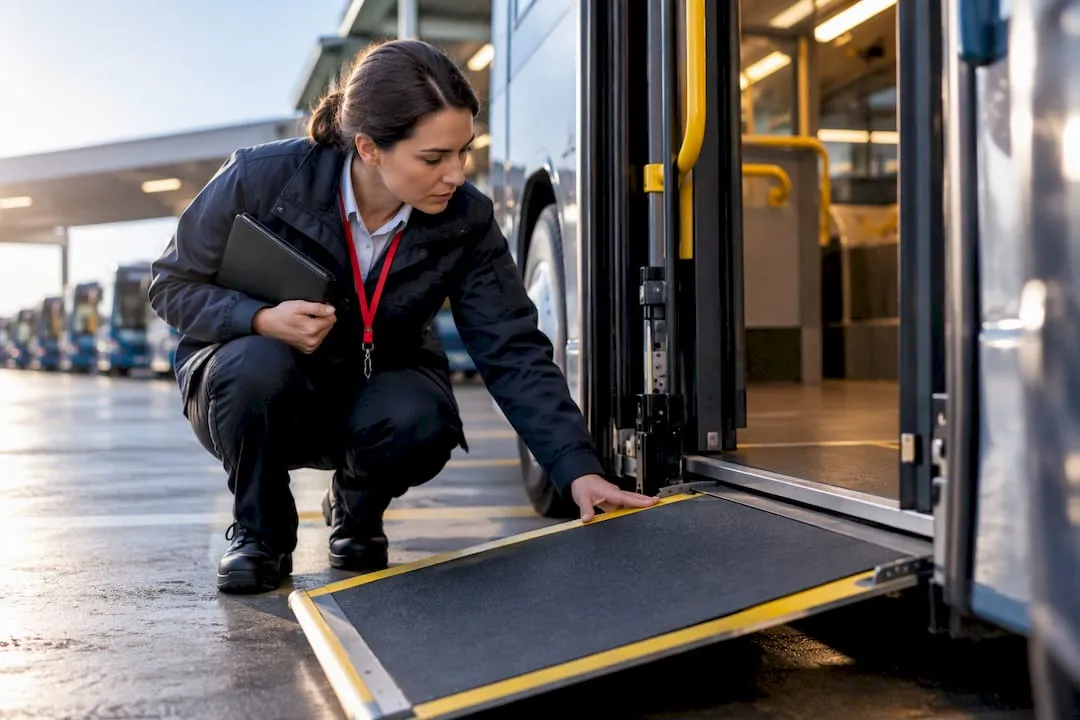 Transport manager inspecting bus accessibility equipment