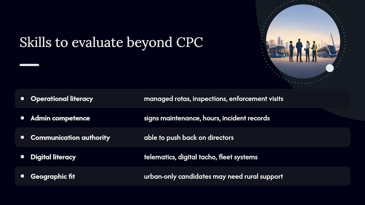 Key skills and qualifications to evaluate beyond CPC and licence requirements — overview diagram