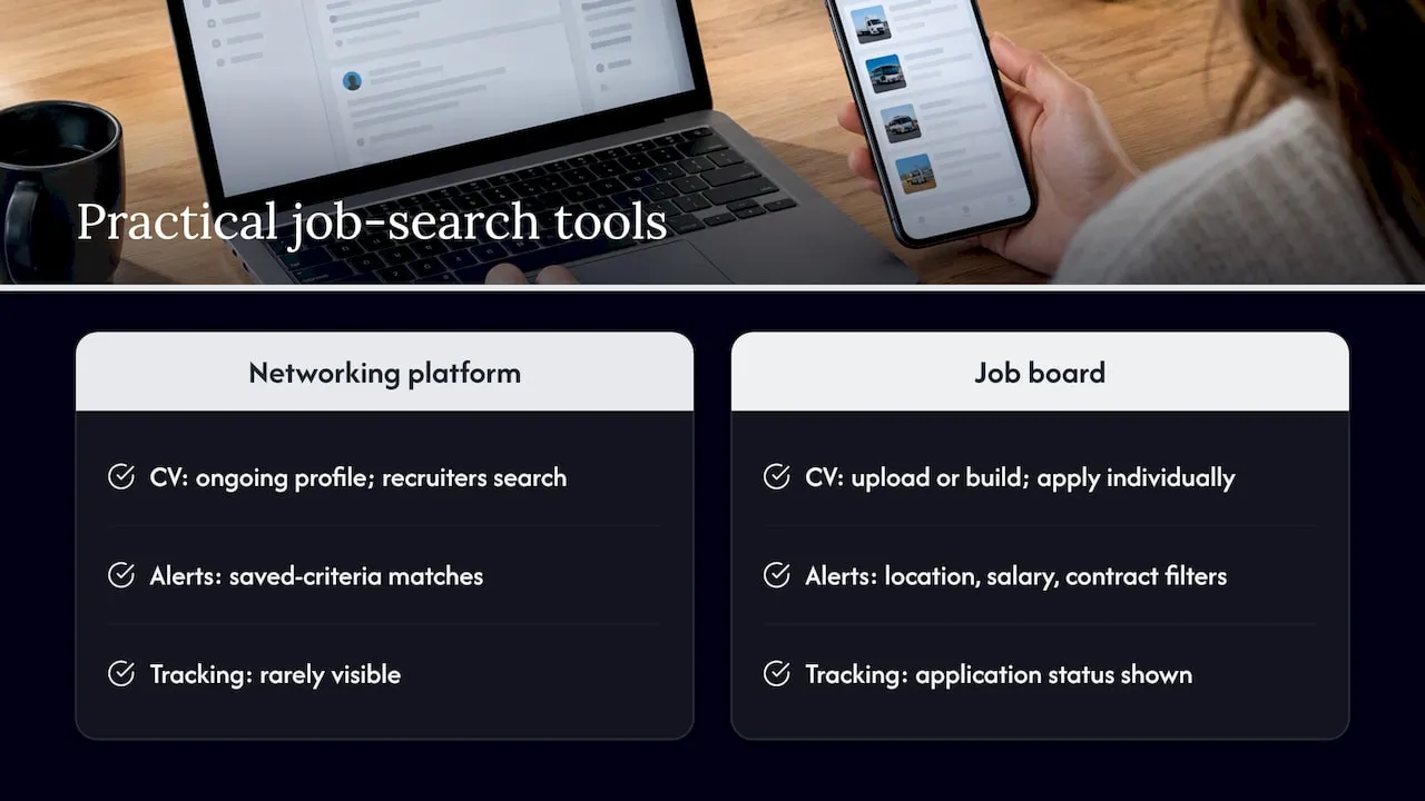 Comparing the practical tools: CV uploads, alerts and tracking — overview diagram