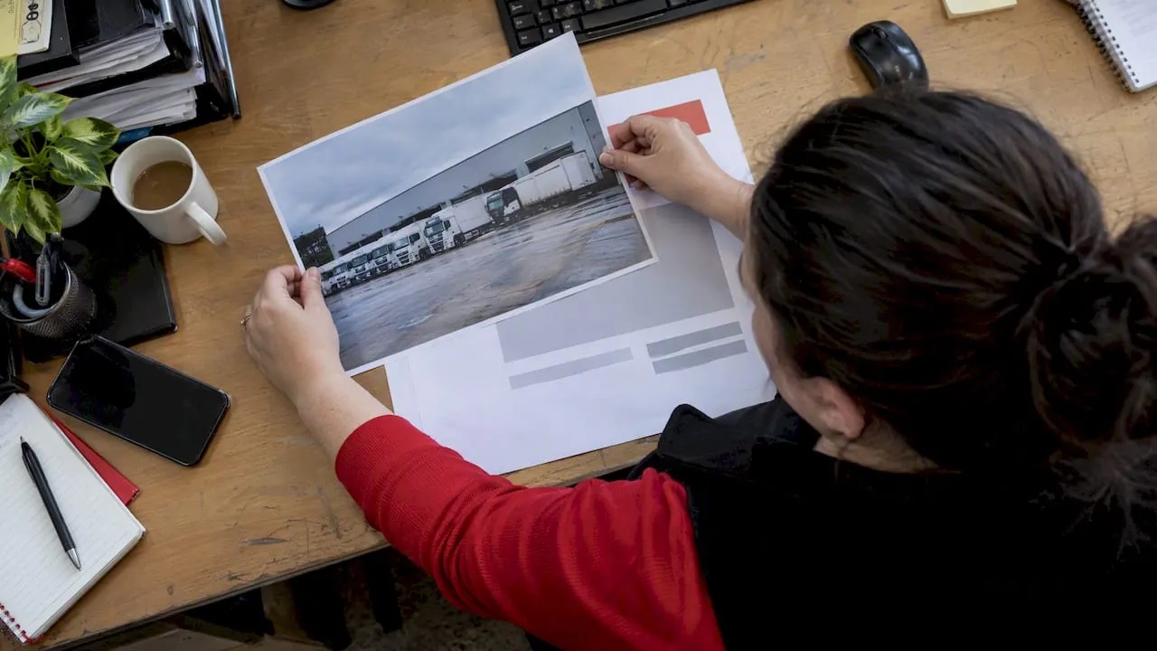 Coordinator pairing a transport photo with an advert template