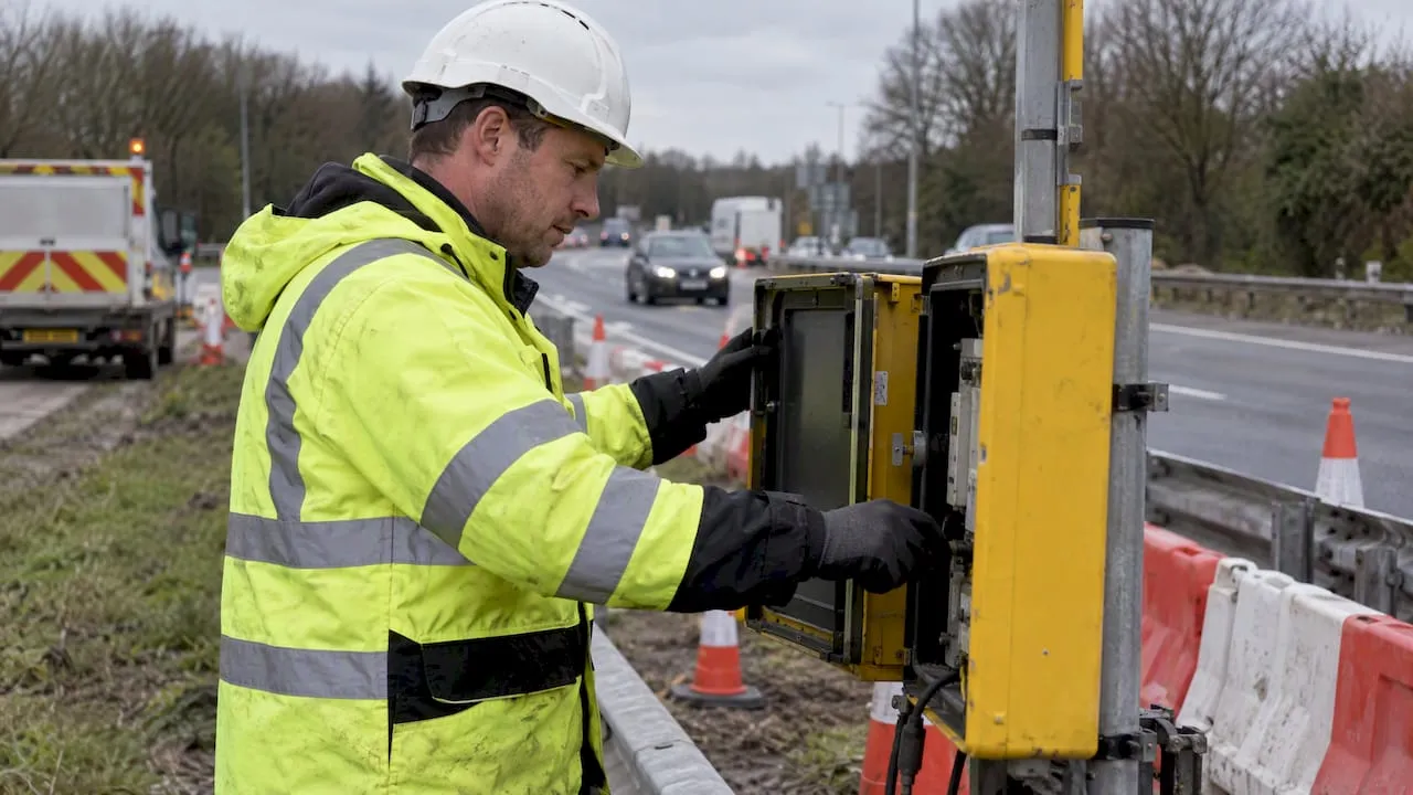 Traffic engineer checking equipment at a roadside site